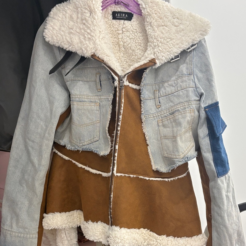 AKIRA Denim and Shearling Patchwork Jacket - image 3